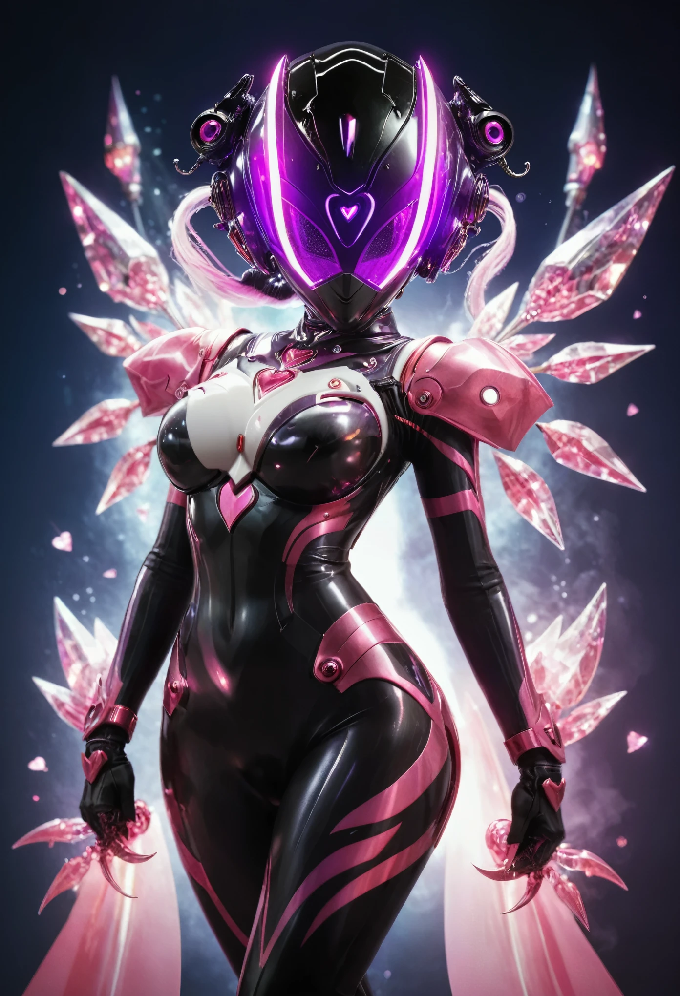 Ultraman Woman. （high quality）（luster）（(Black Face and red eyeline)）（Black and purple thema color. black helmet. A full-face helmet. Pink lines. Purple glowing mechanical eyes. The whole body is covered with a black bodysuit. Thick legs. Spike decoration. Pink lines all over the body. Heart tattoo . purple coloreye. pink glow crystal. pink sharp claw. Night background.