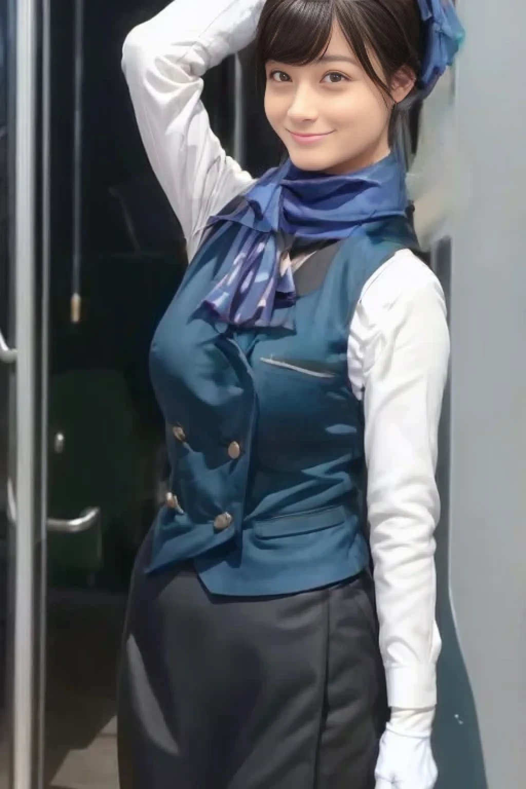 (masterpiece:1.2, Best Quality:1.2), 32kHDR, kampala, (Alone、 1 girl)、(What is 、 Professional Lighting)、In-flight background、(Nankai Train crew uniformを着たリアルなスタイル)、(( Nankai Train Crew Uniform Collarless Blouse Long Sleeve 、 Black Curled Culottes Skirt 、Scarf around the neck))、 Dark brown hair 、( Long Hair、Hair tied up、Hair tied up)、 Dark brown hair 、 Long Hit 、Big Breasts、Thin legs、((Great hands:2.0)),(( harmonious body proportions :1.5)),((Normal limbs:2.0)),((Usually refers to:2.0)),(( DELICATE EYES FULL OF DECISION:2.0)),((Normal eyes:2.0)))、smile、(Nankai Train crew uniformを着た美しい姿)、Cross your hands underneath