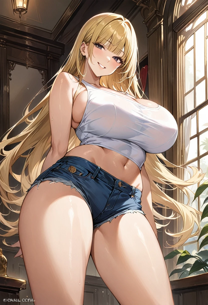 Very detailed、Highest quality、Best image quality、masterpiece、8K、Sparkling blue eyes、Anime Face、A kind smile、(Open your mouth)、(Blonde long hair)、(SFW Giant:1.5)、(Big Tits:1.7)、ckundies、Cowboy Shot、(Thong:1.5)、(highleg:1.8)、(SlightMuscle:1.5、Bulky、Bodybuilder、HyperMuscle)、(necklace)、(topless:1.8)、(NSFW)、 (panties:1.5)