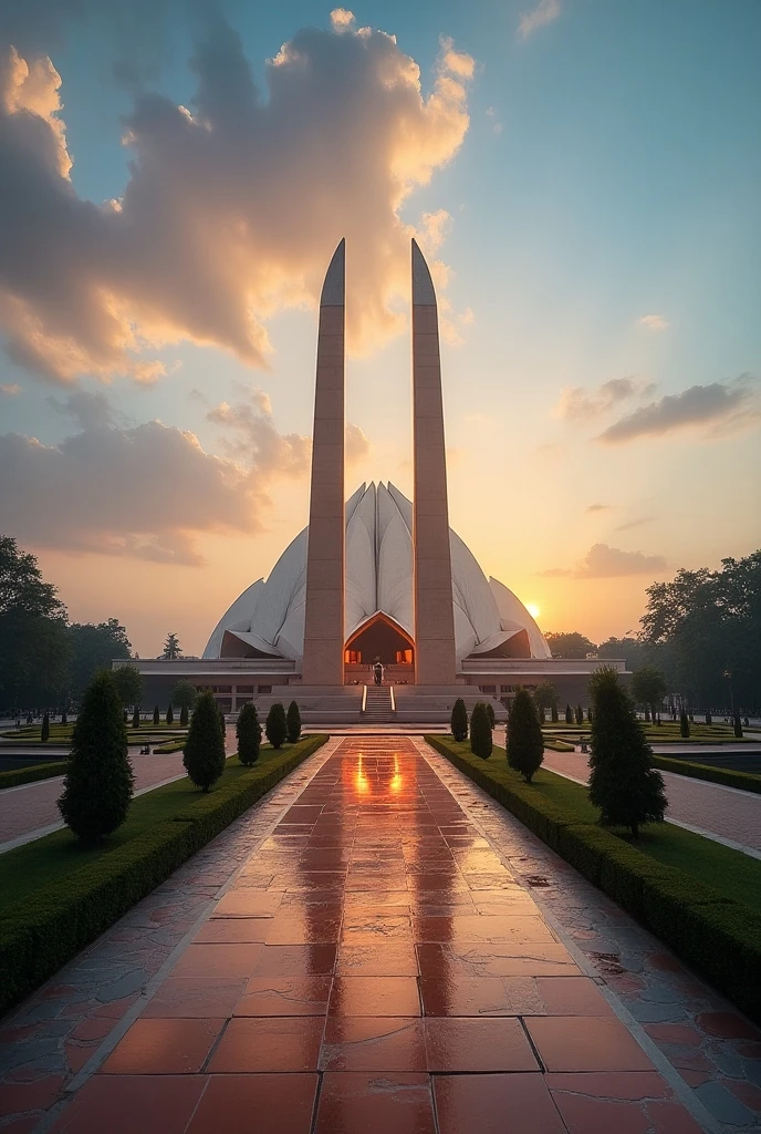 Image of a large mosque in Bangladesh, such as Baitul Mukarram Mosque in Dhaka, with modern architecture. Many people are seen praying inside and outside the mosque., with a cloudy sky background.