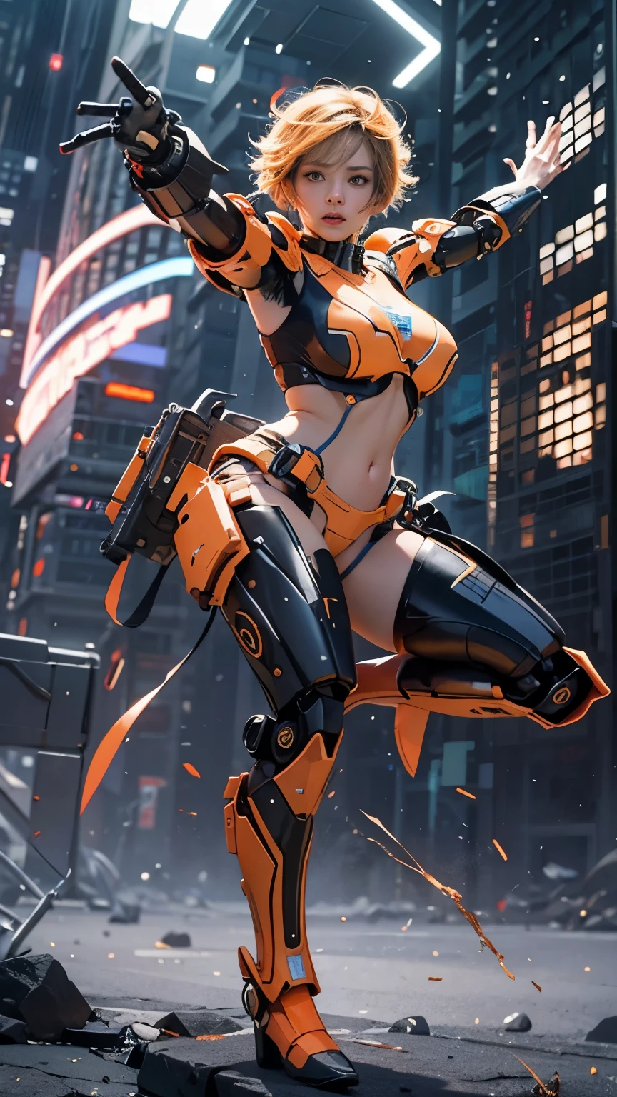 Alone、 (A very beautiful female android participating in a fighting tournament equipped with very intricate white and orange Cyberpunk mech armor。:1.5), ( a cyberpunk mecha suit with white and orange tiles 、 neon markers :1.5)、 black hair、 shortcut、Patsun、 big breasts at the temple、 she was spotted showing off her amazing footwork in dynamic poses。 ., Flying in the air. This scene、 emphasizes her agility and smoothness of movement 、Rotating Kick Poses、 dynamic composition