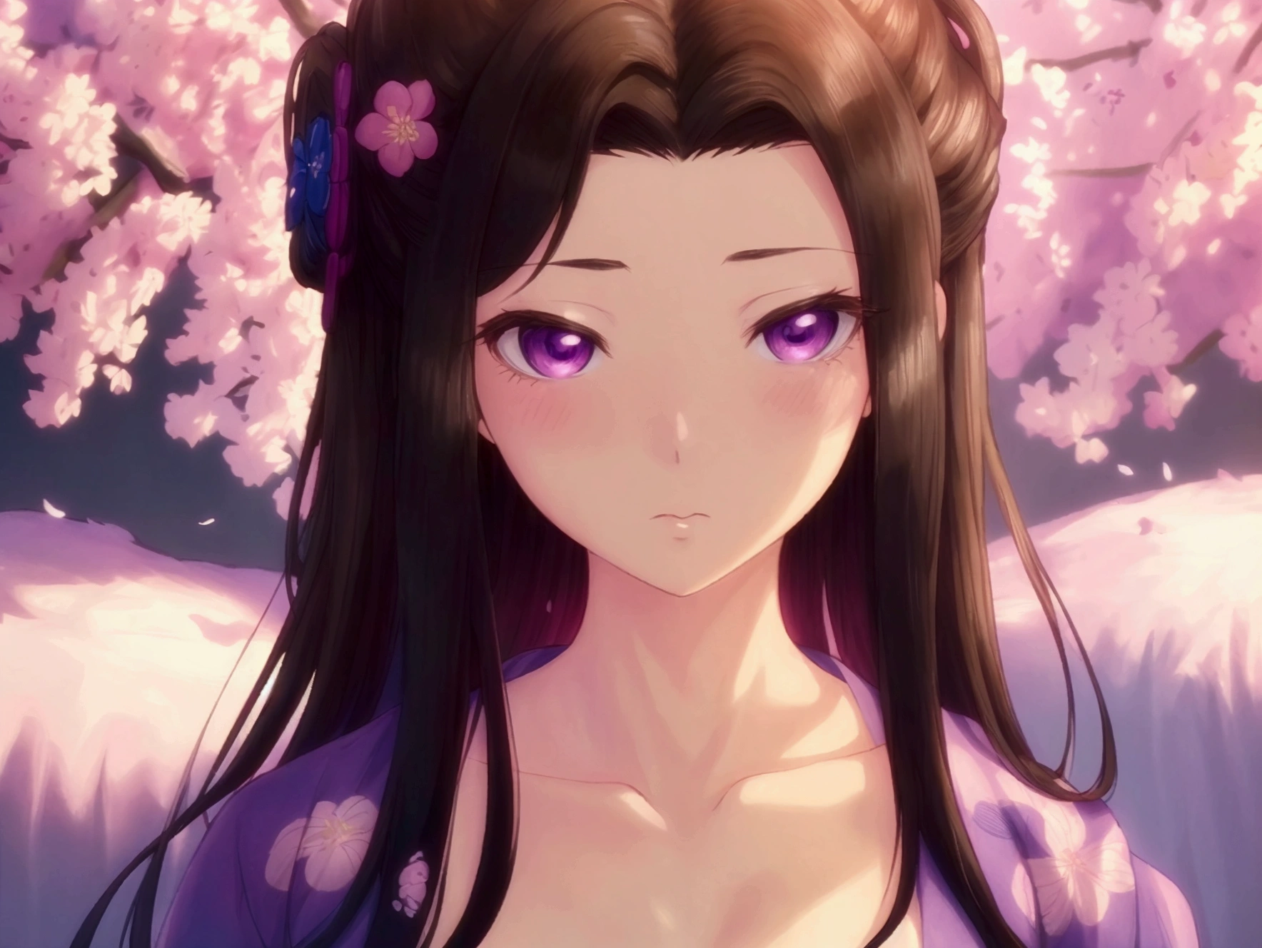 A girl with brown hair, serious expression, beautiful detailed purple eyes, wearing a floral yukata, (best quality, 4k, high resolution, masterpiece:1.2), ultra-detailed, photorealistic, vibrant colors, soft lighting, intricate floral patterns, elegant posture, serene atmosphere, Japanese garden background, cherry blossom trees