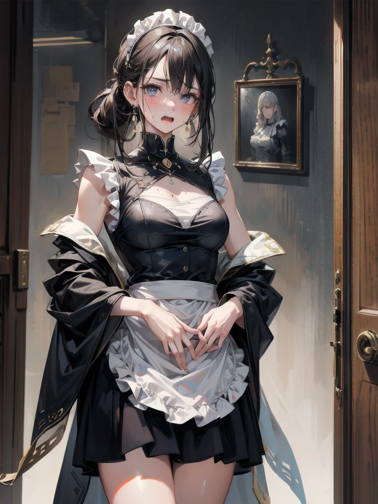 Princess tied up in a long sheer gown in the dark cave,solobound, grey sheer dress