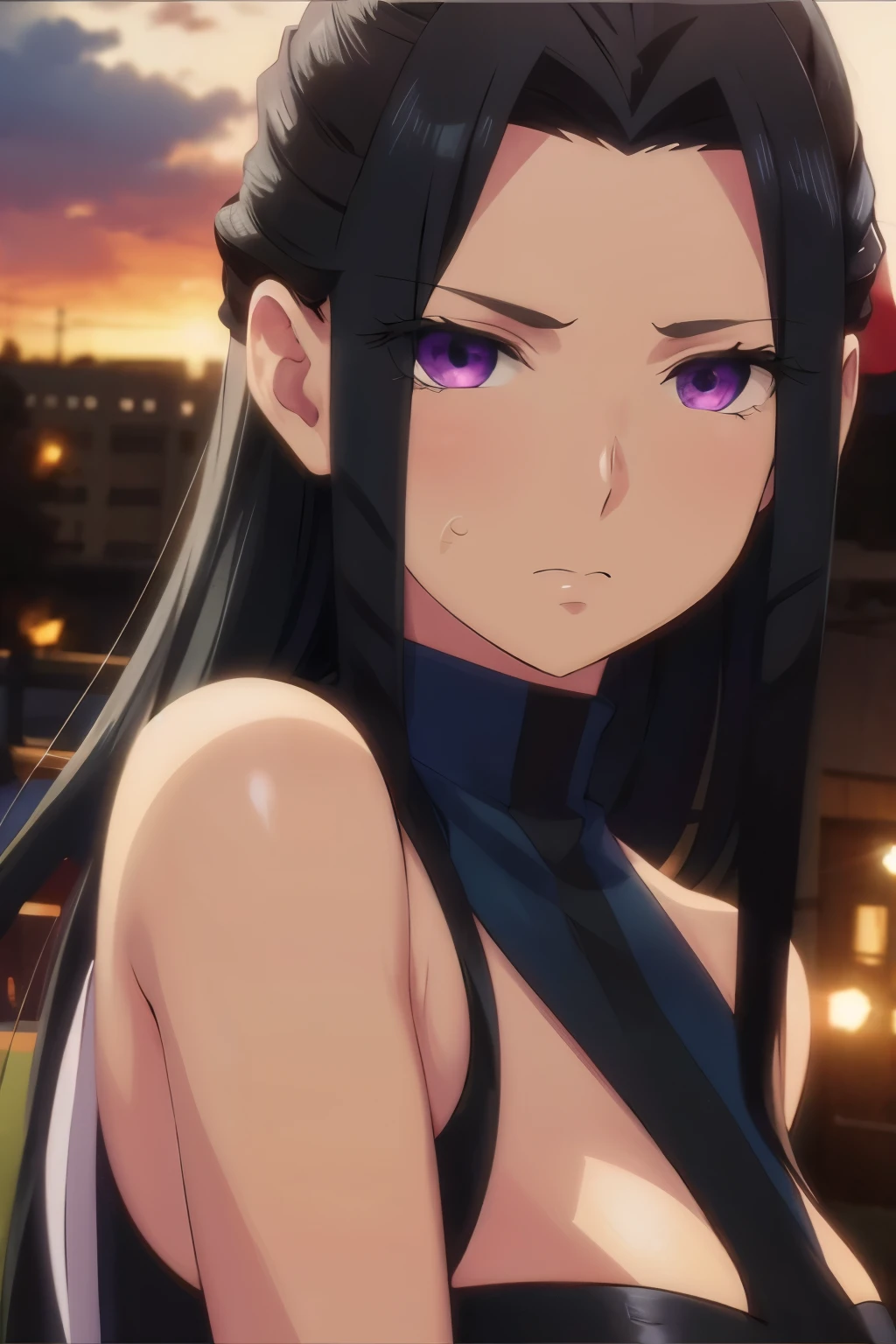 A girl with brown hair, purple eyes, serious expression, looking at the camera, ruins of a city in the background, (best quality, 4k, high resolution, masterpiece:1.2), ultra-detailed, photorealistic, realistic, vivid colors, dramatic lighting, urban decay, striking contrast, depth of field, cinematic atmosphere