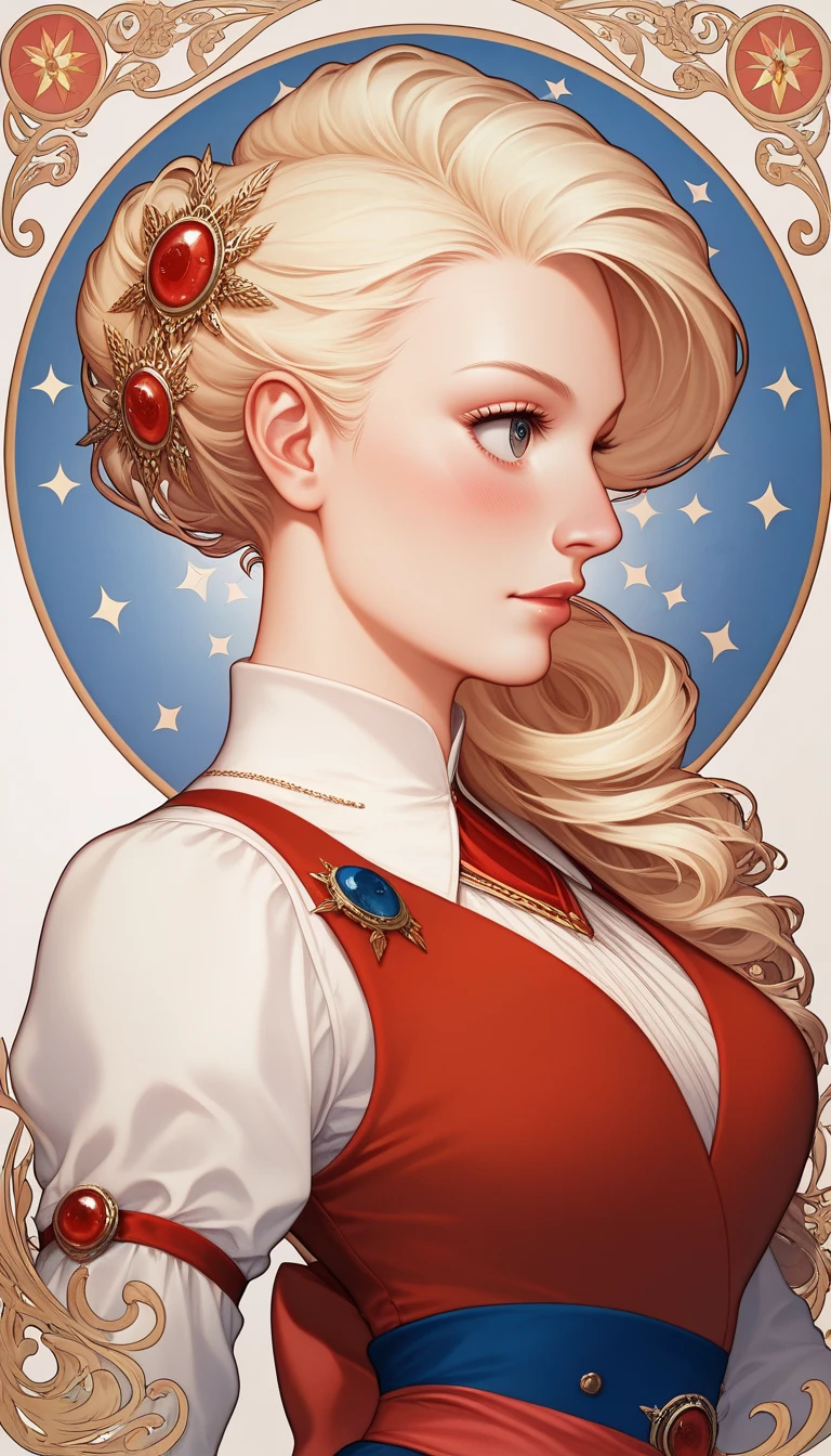 Art Nouveau Style, poster in a theater, (art by wes anderson), upper body, blush, profile ,(masterpiece, finely detailed beautiful eyes: 1.2), 1girl, solo,bangs, sash,red sash, beautiful, small details, ultra detailed, best quality, intricate, sharp, digital illustration, detailed,large breast ,luna