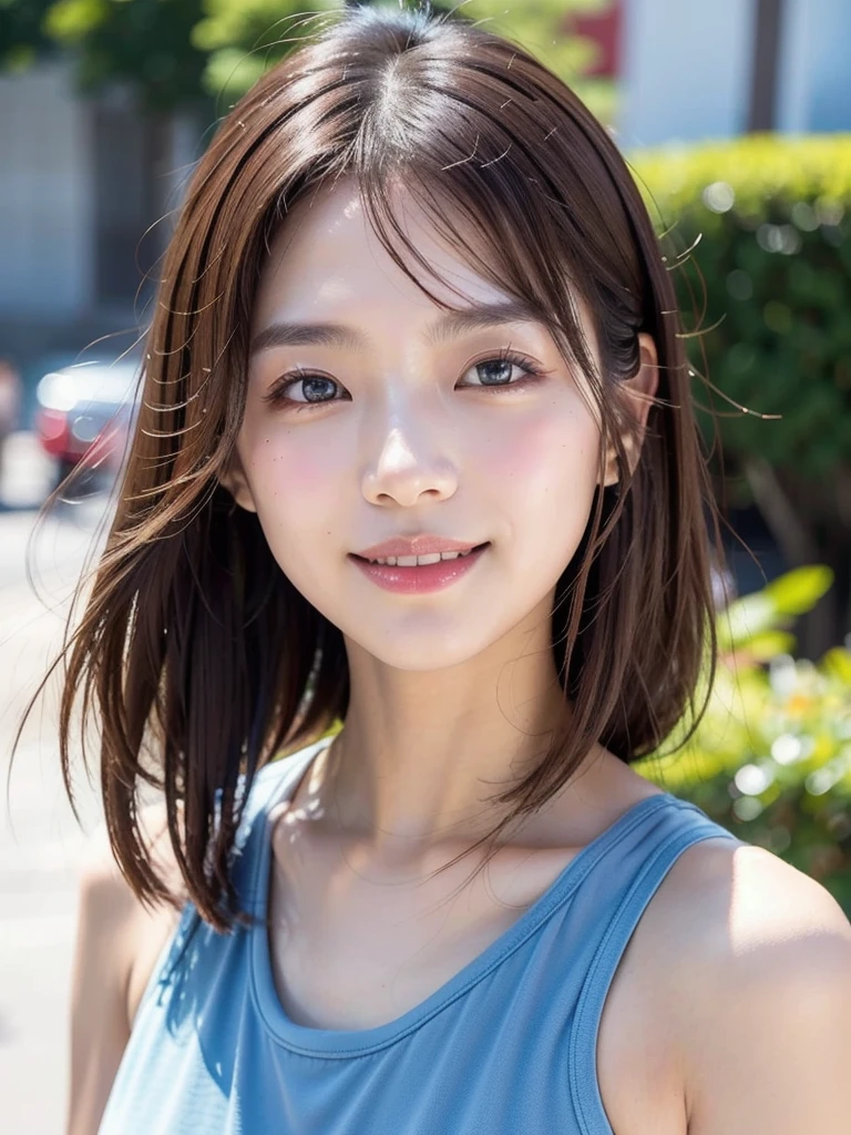 ((( face up )))、((( brown hair straight)))、((( pores must be detailed enough to be finely identified )))、((( wears clothes that look good in casual early summer 。 has hidden shoulders )))、(Natural laughter:1.25)、 half Japanese and Korean 、 an 18 year old girl、 standing alone 、 facing forward、Light eye makeup、Brown Hair Color、 has flat and small breasts 、 hair that flutters like、 actress quality 、 has a glossy, ultra-realistic face 、Smiling face、Watery eyes、I'm staring up、 Modest lighting effects in an old wooden hot spring 、  super realistic capture 、 several people having fun with each other while having very detailed 、 high-resolution 16k close-up of human skin 。 skin texture must be natural 、 must be detailed enough to be finely identified 、She has healthy skin 、 has a uniform tone 、 uses natural light and color 、 new like a hair salon model Outdated high quality image taken by a {x} model agency's exclusive photographer posing with York's alley in the background、smile、(((SIGMA 300 mm F/1.4,1/1000 sec shutter,ISO 400)))、The background is F-stop 1.. 4 blurry 
