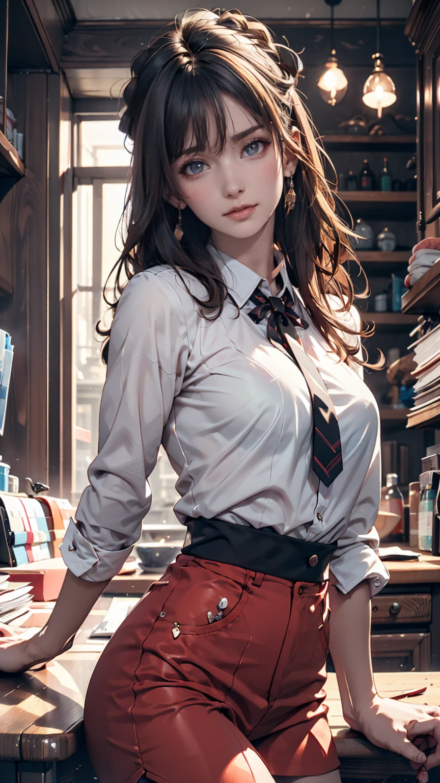 Photography in the studio、Posing in front of the horizon、Sexy proportions、24-year-old female、Scarf Tie Blouse((scarf tie brouse))、Tight Skirt、Black Stockings、Stiletto heels、Arms crossed((Chest lifted))、Hime cut((hime cut))、smile