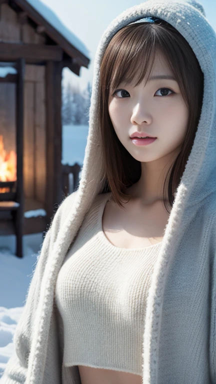 nsfw、(((Night view)))、White Breath、Beautiful starry sky、In the mountains、smile、in the forest、winter、Cottage))、Sit in front of the bonfire、Outdoor、(((Front open down jacket)))、((Leg warmers))、((Trekking boots))、 table、((Big Breasts))、short hair、((blunt bangs))、High resolution、High resolution、In 8K、Real Live Action、RAW Photosgraphy、Highest quality、masterpiece、tableトップ、erotic,White skin,knees, Absurd,Small face、masterpiece,Highest quality、超High resolution,RAW Photos,only,One person, One personで,whole body、very nice、Japanese women,(Realistic:1.4)、Photon Mapping、Realistic、Beautiful woman、物理ベースのonlyダリング、Qianfang、Depth of field rally background、 Soft Nose, Sparkling eyes、Glossy Lips、((Spread your legs))、(((A detailed design of black lace pink lingerie is visible)))、(((Small Ultra Micro Scanty)))