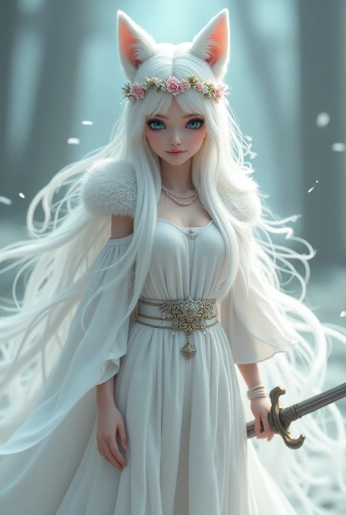 3D fantasy girl she has white wolf ears with white wolf tail she has white hair and blue eyes she has a forehead band crown with flowers she is wearing a white dress with a belt she has a cape she is holding a sword