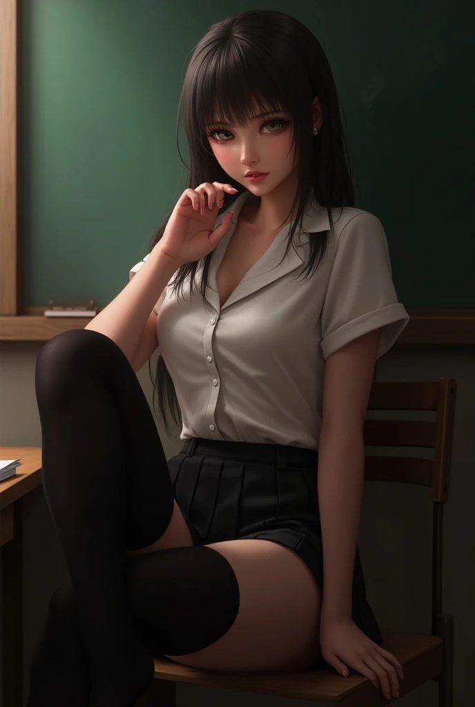 (best quality: 1.2), clean face, (masterpiece: 1.2, 8k) perfect anatomy, 1 girl) a beautiful fashion model ,(masterpiece, official art, best quality shiny hair, straight black hair with streaks in hair, full lips, small breasts, blazer school uniform, short skirt, thong straps, (dark makeup, piercings), shiny breasts, shiny skin, looking at viewer, college student, horizontal, lounging, a single girl, scene haircut, dark makeup, dark eyes, (slender, skinny, slight frame, small breasts), ((emo, scene girl)), classroom, hair over one eye