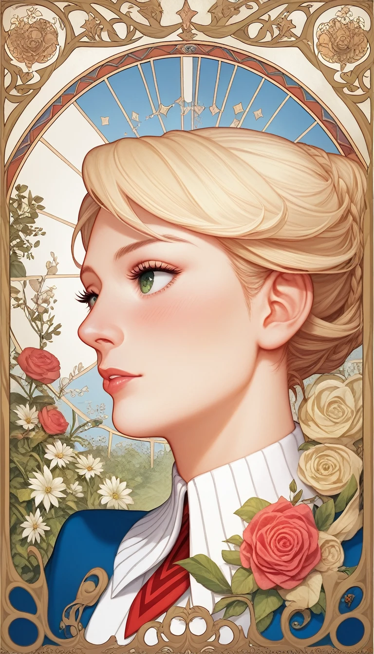 Art Nouveau Style, poster in a theater, (art by wes anderson), upper body, blush, profile ,(masterpiece, finely detailed beautiful eyes: 1.2), 1girl, solo, beautiful, small details, ultra detailed, best quality, intricate, sharp, digital illustration, detailed,large breast ,luna