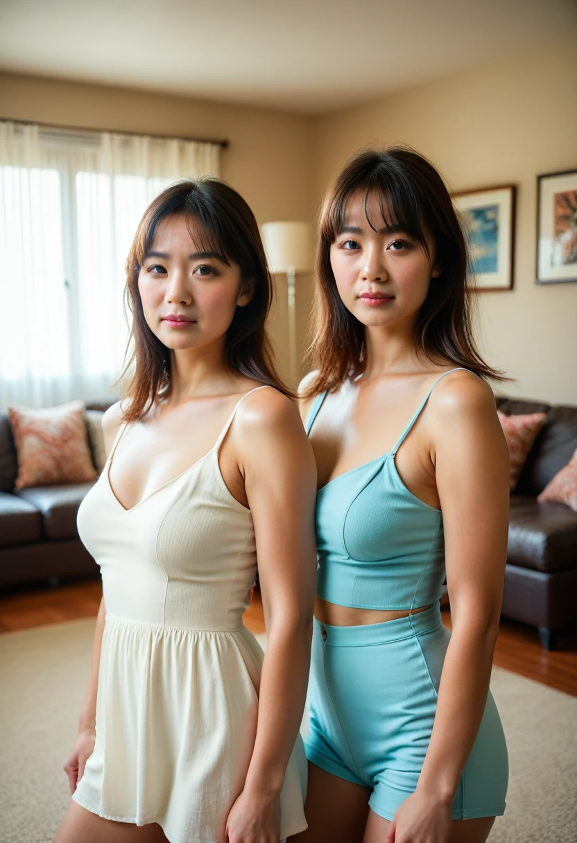 (best quality,4k,8k,highres,masterpiece:1.2),ultra-detailed,(realistic,photorealistic,photo-realistic:1.37), Two teenage sisters, Japanese, standing in the living room, wearing comfy but daring clothing, curvy figures, distinct facial features, portrait, interior, natural lighting, warm colors, detailed textures, elegant poses, cinematic composition, JapaneseRealisticWoman