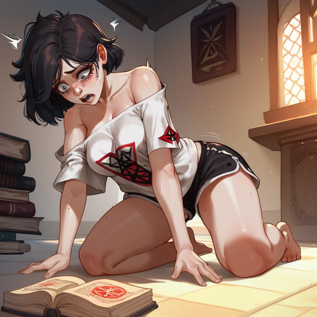 Oil painting of a sexy teen Girl in oversized Shirt and boxerShorts, score_9up, score_8up, closeup, Bent over, kneeling on bedroom floor, 1girl, (solo), ill-fitting Male T-Shirt slipping Off shoulder, solo, nipslip, (scared eyes), ((Open occult book lying on ground)), slipping Boxershorts, tomboy hair, shocked Expression, accidental cleavage, medium Hair, bare thighs, skinny legs Girl looking down at Magic book, Girl cupping her own breasts, Barefoot, middle-class bedroom Background, Low perspective, view from below, freckled,