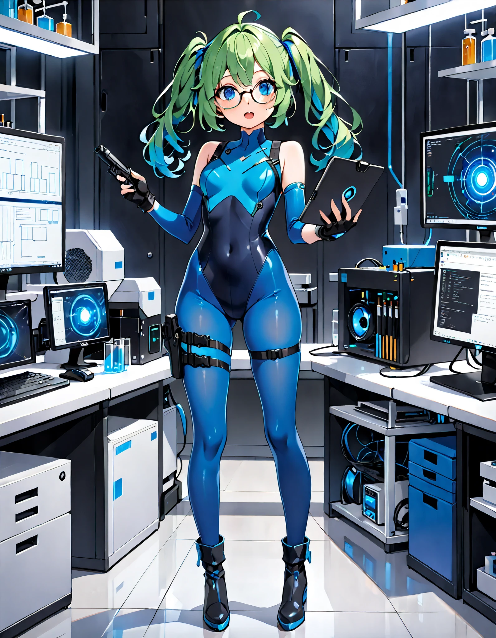 masterpiece, highly detailed, best quality, high quality, 1girl, (solo, solo focus), blue eyes, (cute eyes), beautiful detailed eyes, beautiful detailed face, perfect hands, complete fingers, perfect anatomy, perfect proportions, full body, gloves, green hair, pigtails, (form-fitting blue bodysuit, jet black leotard:1.4), kochiy sanae, open mouth, (pistol holster, thigh holster, thigh strap), (full blue pantyhose, form-fitting blue leggings, perfect fit), ((glasses)), black boots, matching boots, fingerless gloves. laboratory, computers, holding tablet, curious look, standing. full body costume design