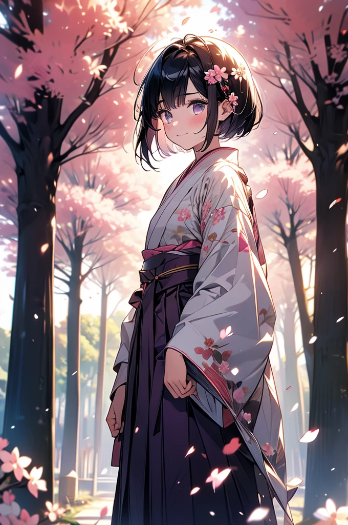 sfw,最高masterpiece,Best Quality,  Hi-Res, OFFICIAL ART, Advertising Photos,masterpiece,(1 person:2.0),  Neutral Male ,Dress neatly,(7 heads),  black hair ,( short bob cut hair), flat chest,(Cherry blossom pattern furuncle ),(Purple Hakama, beautiful gradation hakama),Maxi length hakama , obi shaped like a flower,pink belt ,Cherry blossom trees,standing,smile, soft writing,Hair accessories