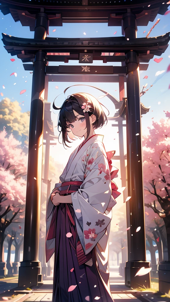 sfw,最高masterpiece,Best Quality,  Hi-Res, OFFICIAL ART, Advertising Photos,masterpiece,(1 person:2.0),  Neutral Male ,Dress neatly,(7 heads),  black hair ,( short bob cut hair), flat chest,(Cherry blossom pattern furuncle ),(Purple Hakama, beautiful gradation hakama),Maxi length hakama , obi shaped like a flower,pink belt ,Cherry blossom trees,standing,smile, soft writing,Hair accessories