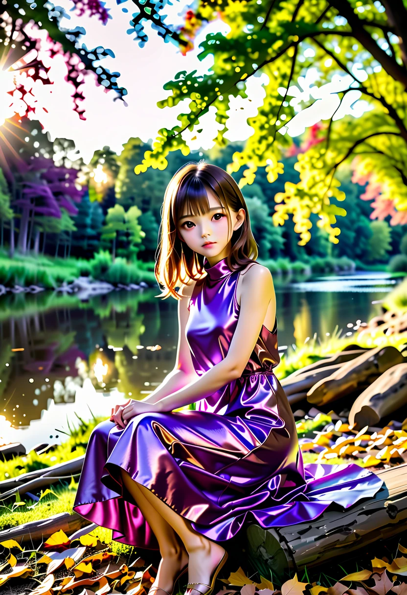 ((Autumn evening sunlight filtering through the trees :1.5、Sitting right on the prairie beside the river :1.5))、((Chibi:1.5)), ((((Taken obliquely from behind :1.5、from behind:1.5)), back view:1.5, looking back)),  one girl , ((Top Models:1.5))、Best Quality, masterpiece,  ultra high resolution, (Realistic:1.4),  RAW Photos,  complicated details,  big beautiful dark emerald eyes :1.5, Perfect Contour, masterpiece, Silky Long Hair,  ((Blunt Bungs:1.5, twin drilled hair:1.5)), full lips:1.5, pink lips:1.5, gloss lips:1.5, parted lips1.5, slim、Short stature:1.5、(flat chest:1.2,  tight chest:1.2, High chest:1.5),  (( super soft and loose high neck sleeveless metallic satin middle dress:1.5、Shiny super shine iridescent purple dress:1.5)), ((The background is Miscanthus :1.5、Riverbank:1.5、Yellow Leaf 、Bokeh))