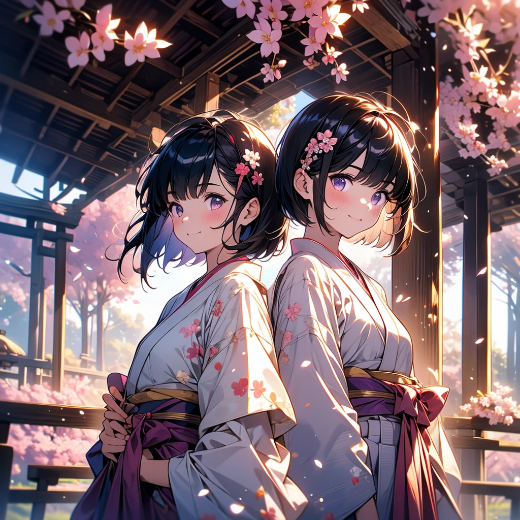 sfw,最高masterpiece,Best Quality,  Hi-Res, OFFICIAL ART, Advertising Photos,masterpiece,(1 person:2.0),  Neutral Male ,Dress neatly,(7 heads),  black hair ,( short bob cut hair), flat chest,(Cherry blossom pattern furuncle ),(Purple Hakama, beautiful gradation hakama),Maxi length hakama , obi shaped like a flower,pink belt ,Cherry blossom trees,standing,smile, soft writing,Hair accessories