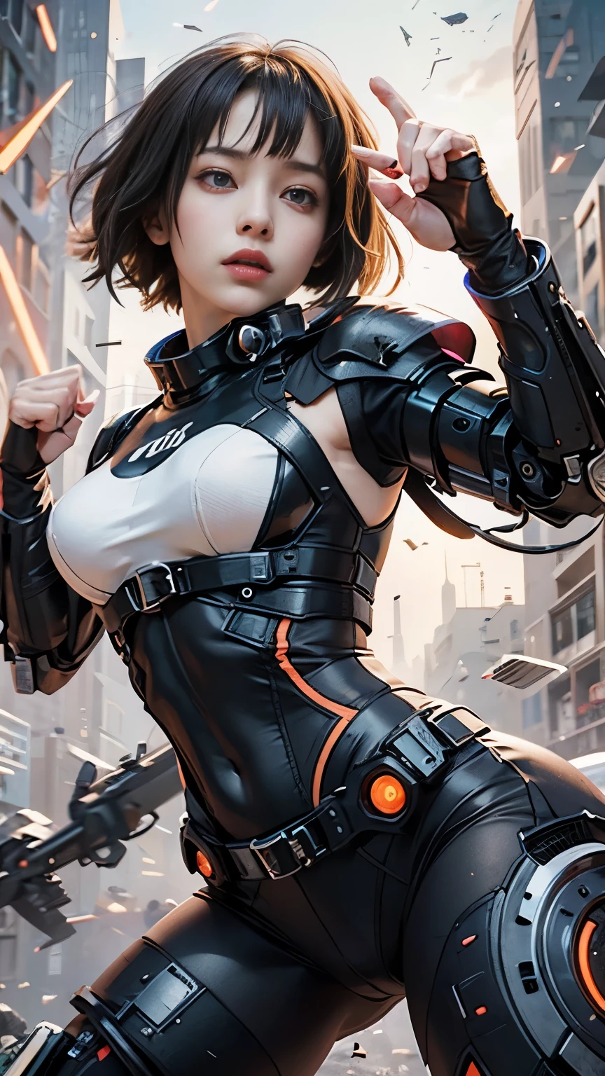 Alone、 (A very beautiful female android participating in a fighting tournament equipped with very intricate white and orange Cyberpunk mech armor。:1.5), ( a cyberpunk mecha suit with white and orange tiles 、 neon markers :1.5)、 black hair、 twin tails、Patsun、 big breasts at the temple、 彼女は Dynamic Posesで素晴らしいフットワークを見せびらかしているのを見つけられました、Flying in the air. This scene、 emphasizes her agility and smoothness of movement 、 Dynamic Poses、karate、 dynamic composition
