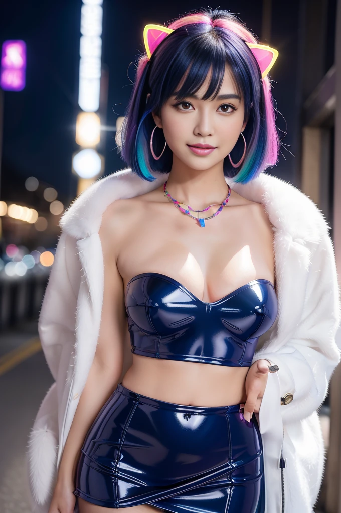 female idol、nude lip gloss、smiling face、cat-eye makeup、full body Esbian、shiny very large earrings(neon indigo)、shiny very large necklace(neon indigo)、(shiny glossy latex tight strapless bra(neon indigo))、(shiny glossy latex tight mini skirt(neon indigo))、clutch(neon indigo)、((multicolor short hair(neon indigo)))、long white fluffy fur coat with white fluffy fur(bright white)、conceptual art, High quality, Realistic, extremely detailed CG unified 8k wallpaper, highly detailed, High-definition raw color photos, professional photography, Realistic portrait, Cinematic Light, Beautiful detailed, Super Detail, high details, (((Bokeh))), depth of fields, illumination, Neon Street, Super stylish lighting