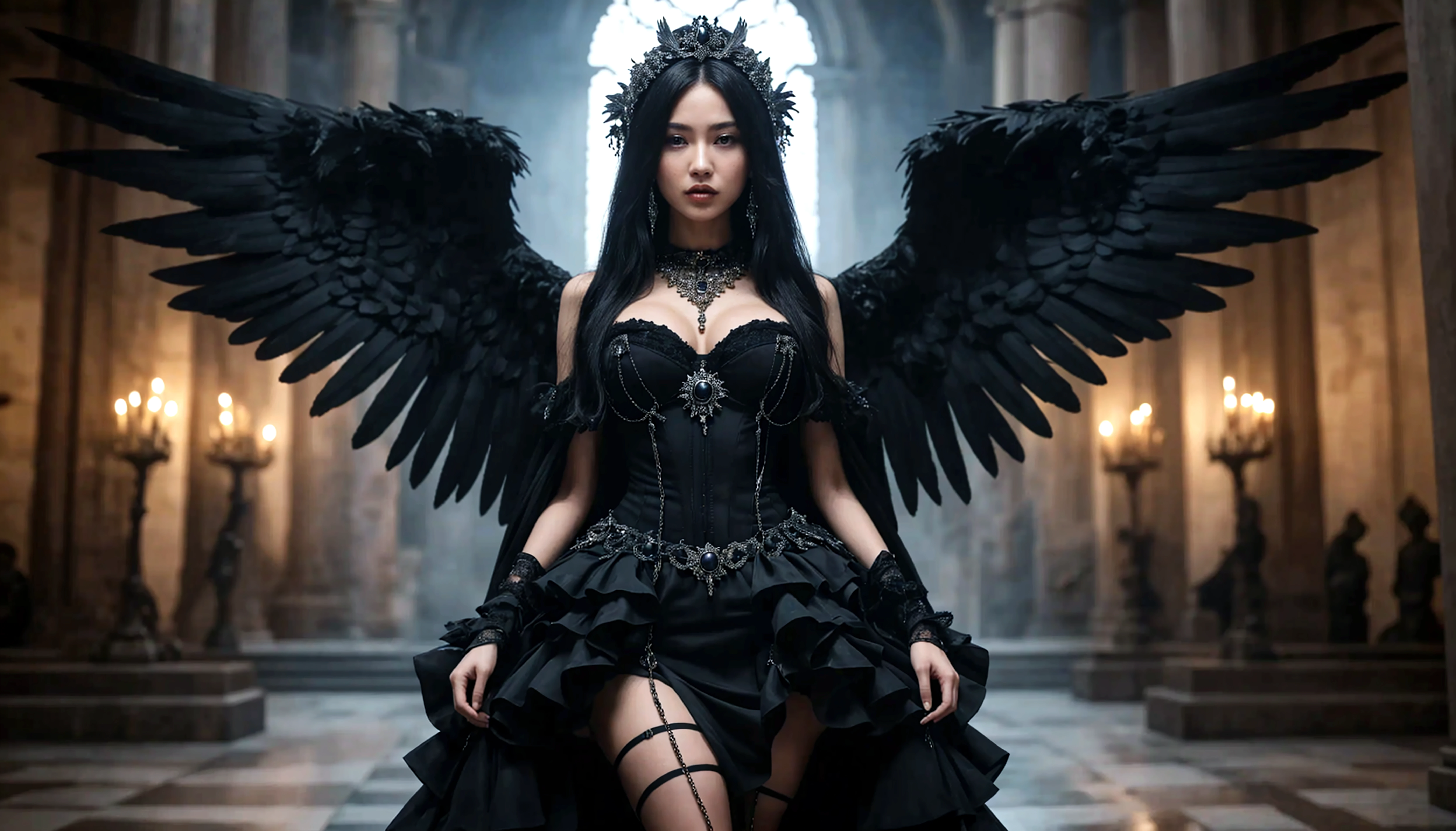 Seductive girl figure、Cute Girl Figure、Realistic Young Gravure Idol Figures、pretty face with arms and legs、Norse goddesses、photo of slim girl model、European girl、Black Classical Dress、Wings of a Black Angel、Wet black-purple long straight hair、pale skin、Red eyes、Singing in the ruins of a church、