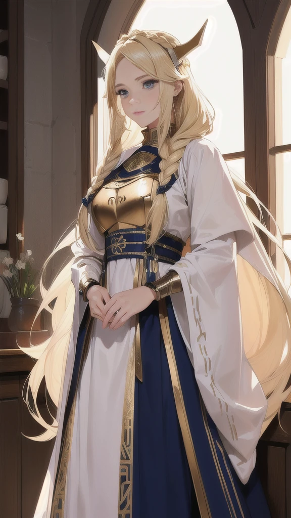 Blonde woman.   Shes five foot tall and her hair is done in viking braids.  Shes dressed as a noble knight