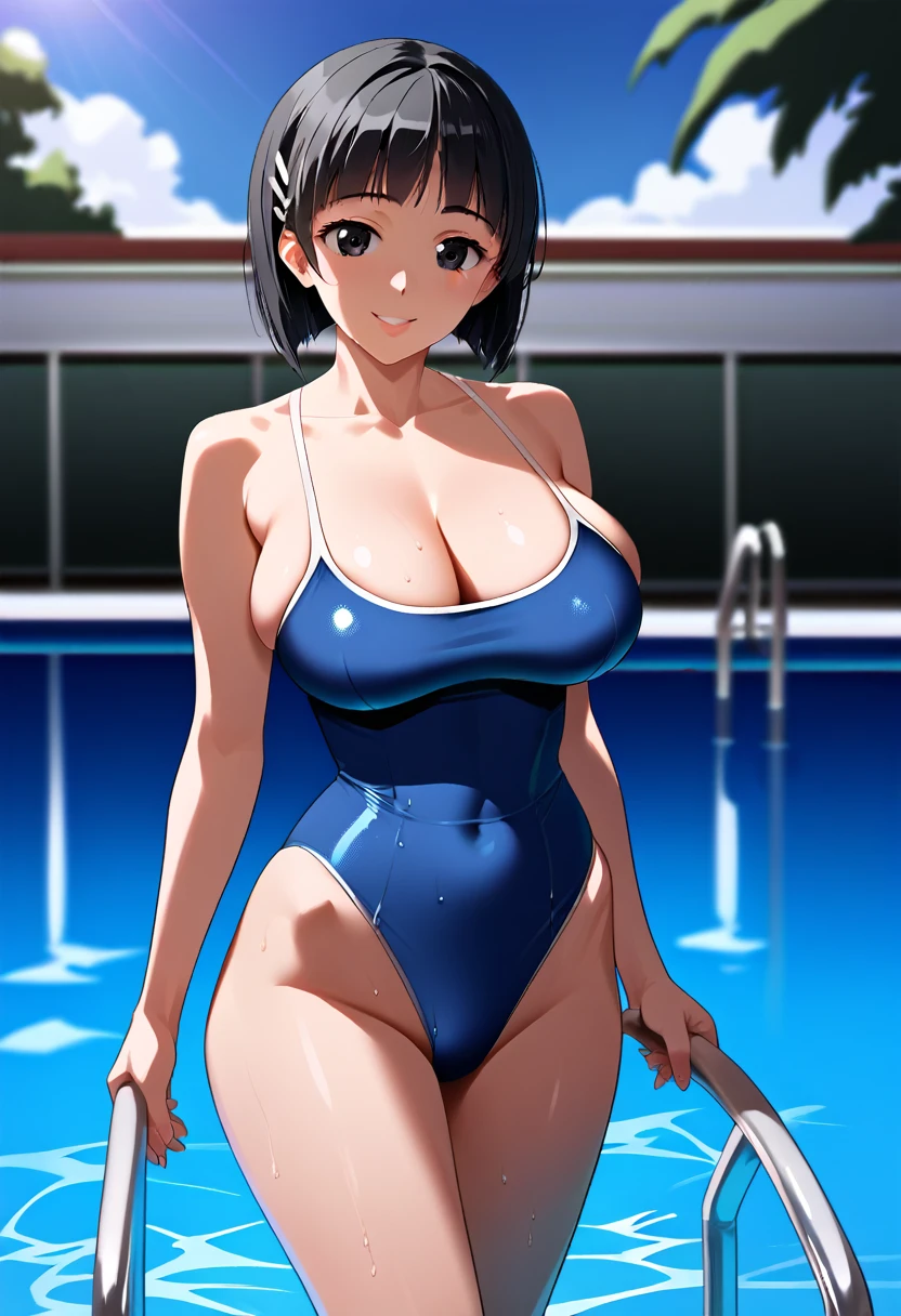 (Masterpiece, Ultra-high resolution, 8k, High Quality, Top quality, High-Detailed, Detailed CG, Cinematic Shadow:0.5, Beautiful Detailed Eyes, Ultra Resolution, Depth of Field, High Resolution, Masterpiece: 1.2), (Anime Art style), (cowboy shot), (swimming pool:1.4), 1girl, solo, jelosugusw, black hair, black eyes, hairclip, school swimsuit, large breasts, beautiful breasts, smile, walking,