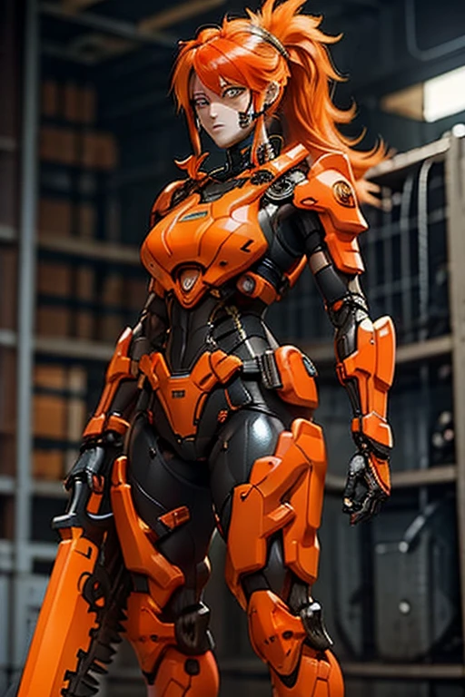 An orange-haired woman with a ponytail, boasting an ideal figure, dons robotic armor influenced by Stihl chainsaws and brushcutters. She is equipped with a helmet that conceals her entire face, set against a black backdrop, and wields a futuristic chainsaw.