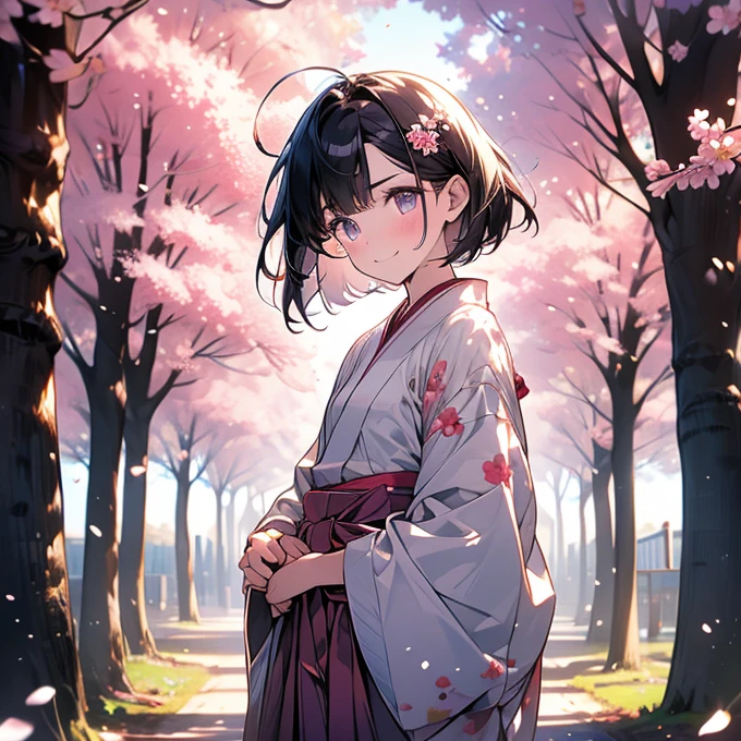 sfw,最高masterpiece,Best Quality,  Hi-Res, OFFICIAL ART, Advertising Photos,masterpiece,(1 person:2.0),  Neutral Male ,Dress neatly,(7 heads),  black hair ,( short bob cut hair), flat chest,(Cherry blossom pattern furuncle ),(Purple Hakama, beautiful gradation hakama),Maxi length hakama , obi shaped like a flower,pink belt ,Cherry blossom trees,standing,smile, soft writing,Hair accessories