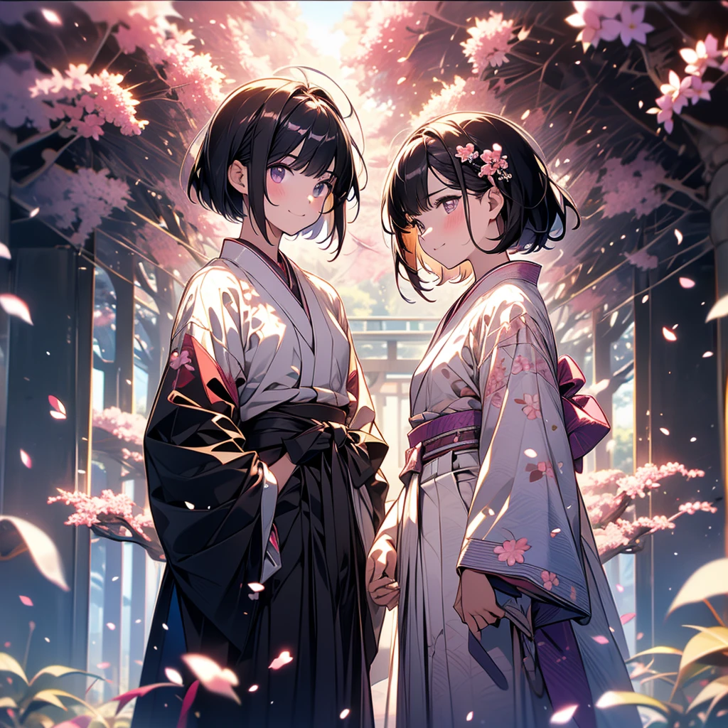 sfw,最高masterpiece,Best Quality,  Hi-Res, OFFICIAL ART, Advertising Photos,masterpiece,(1 person:2.0),  Neutral Male ,Dress neatly,(7 heads),  black hair ,( short bob cut hair), flat chest,(Cherry blossom pattern furuncle ),(Purple Hakama, beautiful gradation hakama),Maxi length hakama , obi shaped like a flower,pink belt ,Cherry blossom trees,standing,smile, soft writing,Hair accessories