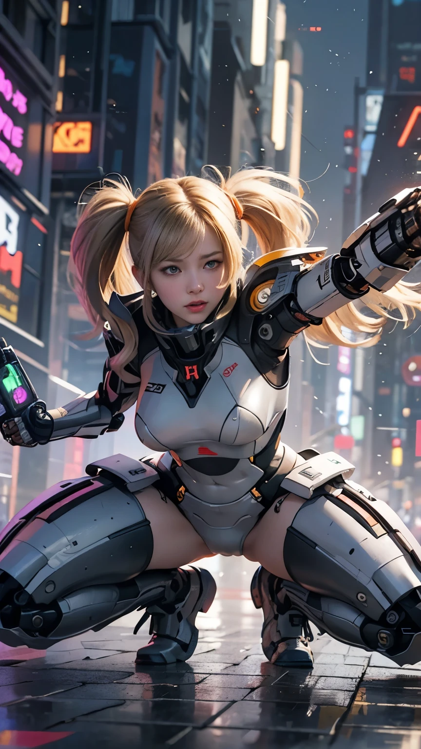 white hair、Silver hair with pink gradients、long fluttering hair、strong breeze、Orange Eyes、radiant eyes、Evangelion Girl、small tit、Breasts are small and B size、The face and chest are alive、Cleavage is visible。photoRealstic、portfolio、Evangelion-style metal mecha suit、an oppai cyberpunk、Gothloli detailetalic、detailed mechanical components、Bundle of thin tubeetal cylinder、Detailed neon、Fine LED、Top quality microcomponents、Delicate orange and black suit wrapped in machine、A large mechanical weapon protecting her in the background、Hair that flutters in the wind、full body