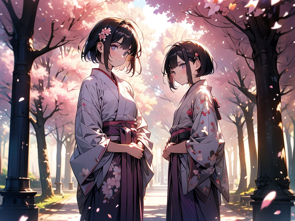 sfw,最高masterpiece,Best Quality,  Hi-Res, OFFICIAL ART, Advertising Photos,masterpiece,(1 person:2.0),  Neutral Male ,Dress neatly,(7 heads),  black hair ,( short bob cut hair), flat chest,(Cherry blossom pattern furuncle ),(Purple Hakama, beautiful gradation hakama),Maxi length hakama , obi shaped like a flower,pink belt ,Cherry blossom trees,standing,smile, soft writing,Hair accessories