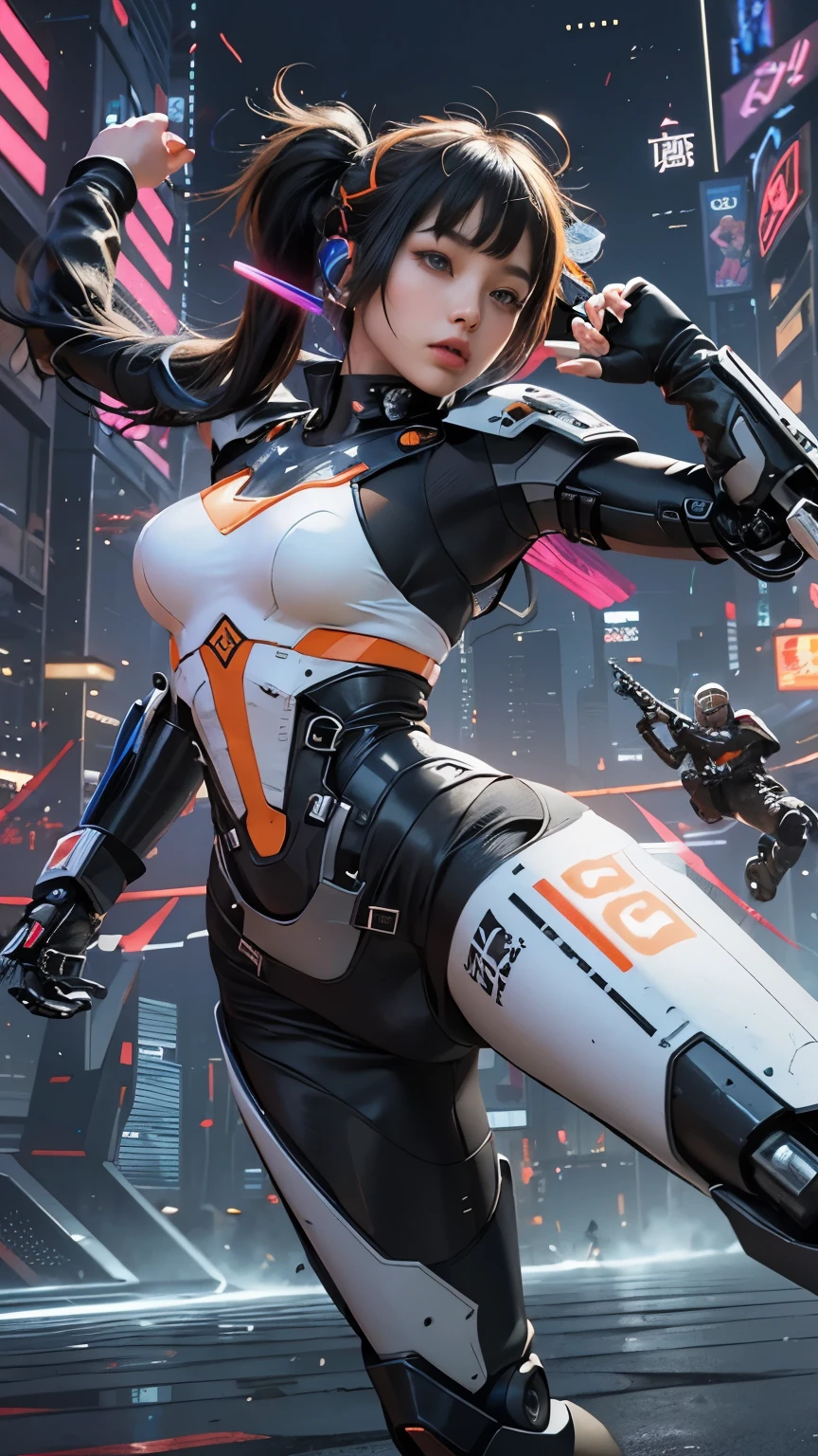 Best Quality)), ((Masterpiece)), (Very Detailed:1.3), 3D, Beautiful (Cyberpunk:1.3)), 1 girl, full body, ponytail white hairstyle, big breast, slender body, slender hips, big breasts, squatting, bottom angles, from below, wearing full ((heavy cyberpunk armor)) with neon trim, (head-mounted displays), fiber optic cables, company logos, science fiction, Night Cyberpunk city background, Gantz, In the Style of Cyberpunk 2077, Ultra realistic photo, masterpiece, best quality, CG, wallpaper, HDR, high quality, high-definition, extremely detailed, {beautiful detailed face}, {beautiful detailed eyes}, (detailed light){{intricate detail}}, {highres}, ((detailed face)), neon light, chiaroscuro, key visual, intricate detail, highly detailed, breathtaking, vibrant, cinematic, low ISO, white balance, rule of thirds, wide aperture, 8K RAW, efficient sub-pixels, subpixel convolution, luminous particles,