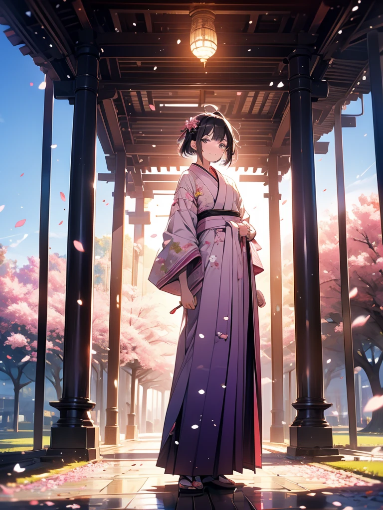 sfw,最高masterpiece,Best Quality,  Hi-Res, OFFICIAL ART, Advertising Photos,masterpiece,(1 person:2.0),  Neutral Male ,Dress neatly,(7 heads),  black hair ,( short bob cut hair), flat chest,(Cherry blossom pattern furuncle ),(Purple Hakama, beautiful gradation hakama),Maxi length hakama , obi shaped like a flower,pink belt ,Cherry blossom trees,standing,smile, soft writing,Hair accessories