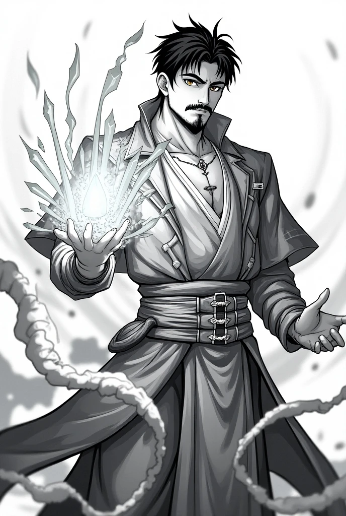A disgraced scholar and mage. Former academic researcher now in hiding continuing his magic experiments. Middle-aged man. Conservative hair cut but disheveled appearance.