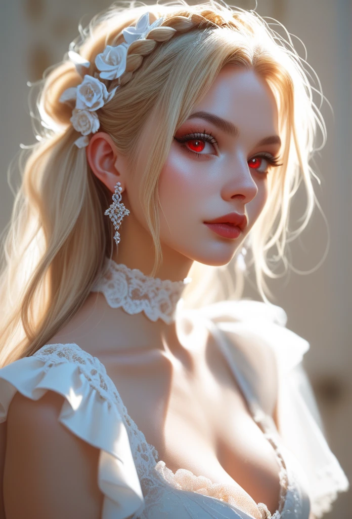 girl,  blonde,  red bright eyes , in a white gothic dress, masterpiece, 