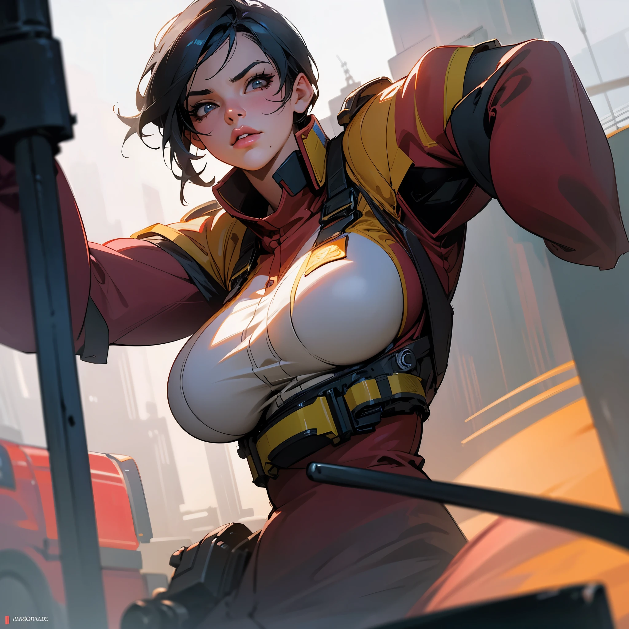 Faye Valentine space cowgirl huge breast, black hair, slutty girl with guns, cleavage. highly detailed clothes. Cowboy bebop art, spaceship 