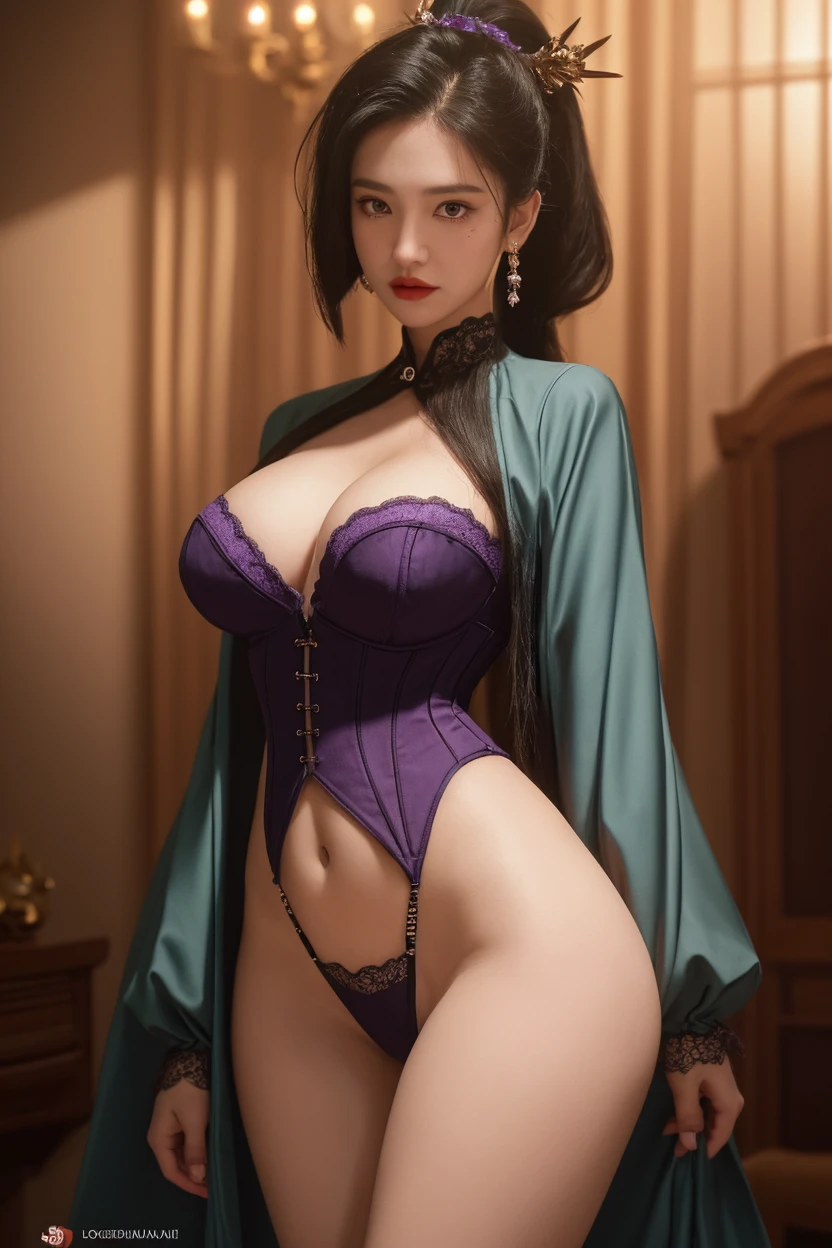 Donzela, linda mulher, curvy body shape, formato do corpo em ampulheta, cintura bem larga, seios ajustados, very curvy accentuated booty, bunda grandiosa, bunda massiva, french braid, lingerie, parado no castelo, lareira ao fundo, Bokeh, SFW, tons quentes, luz baixa