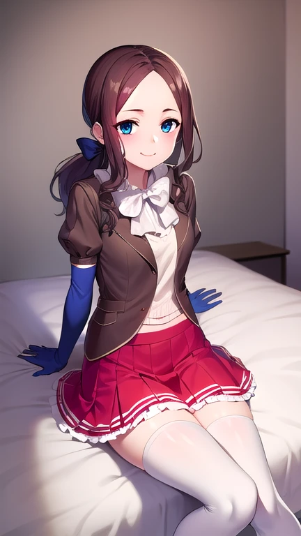 leonardo da vinci rider, (blue eyes:1.2), brown hair, long hair, parted bangs,
BREAK (black footwear, brown jacket, elbow gloves, gloves, jacket, loafers, blue gloves, metal gloves, pantyhose, red skirt, shoes, skirt, puffy sleeves, thighhighs, blue thighhighs:1.2),
BREAK (looking at viewer:1.1), smile,
BREAK (sitting bed:1.1), crossed legs, arms behind back,
BREAK ,
BREAK (from front:1.1), cowboy shot,
BREAK (indoor, pink illumination, pink room:1.2), (bed, white wall, white floor:1.1),
BREAK (masterpiece:1.2), best quality, high resolution, unity 8k wallpaper, (illustration:0.8), extremely detailed face, perfect lighting, extremely detailed CG, (perfect hands, perfect anatomy),