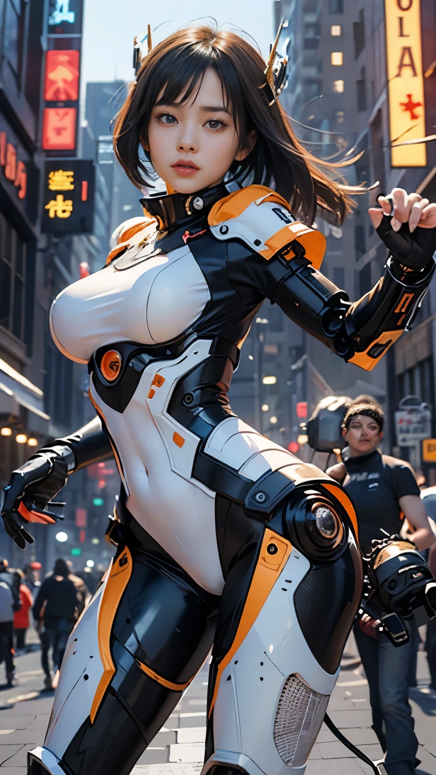 ((Unreal Engine 5)), Realistic Rendering, Excellent, (full mecha armor), helm, (Yoga Pants), looking on viewer, walking down on street, beautiful face, makeup, (photorealism:1.2), ultrarealistic uhd face, (huge fake boobs:1.4), (gigantic breasts:1.1), (muscle abs), (big butt), (wide hips), (thick thighs), slim waist, hourglass figure, full body, ((glowing skin)), ((shiny skin)), Realistic body, ((she is sexy)), ((clean skin)), photorealistic, bokeh, masterpiece, highres, 1080P.