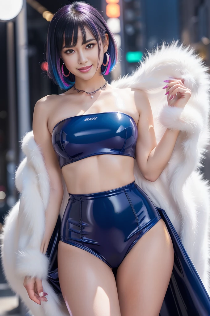 Female Idols、nude lip gloss、smile、Cat eye makeup、Esbian all over、Very large shiny earrings（Neon Indigo)、Very large shiny necklace（Neon Indigo)、(Shiny latex tight string bikini bra（Neon Indigo))、(Shiny latex tight string bikini（Neon Indigo))、clutch（Neon Indigo)、((Multi-colored short hair（Neon Indigo)))、Long white fluffy fur coat with white fluffy fur（Bright white)、Conceptual Art, high quality, Realistic, Very detailed CG 統合 8k 壁紙, Very detailed, High resolution raw color photos, Professional photography, Realistic portrait, Cinematic Light, Beautiful details, Super detailed, Attention to detail, (((Bokeh))), Depth of written boundary, illumination, Neon Street, Super stylish lighting