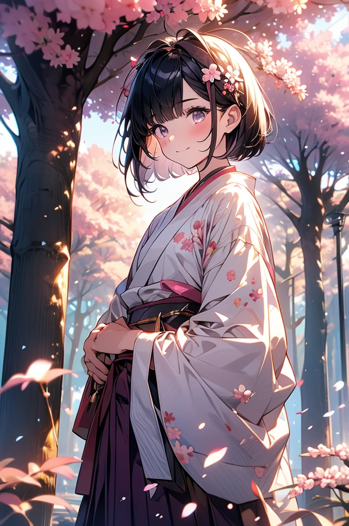 sfw,最高masterpiece,Best Quality,  Hi-Res, OFFICIAL ART, Advertising Photos,masterpiece,(1 person:2.0),  Neutral Male ,Dress neatly,(7 heads),  black hair ,( short bob cut hair), flat chest,(Cherry blossom pattern furuncle ),(Purple Hakama, beautiful gradation hakama),Maxi length hakama , obi shaped like a flower,pink belt ,Cherry blossom trees,standing,smile, soft writing,Hair accessories, put your hands on your mouth 