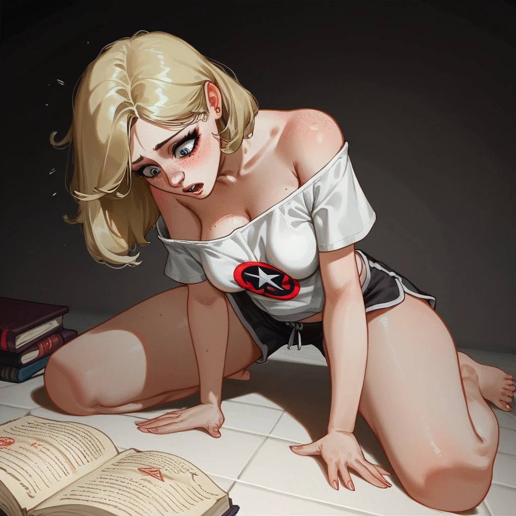 Oil painting of a sexy teen Girl in oversized Shirt and boxerShorts, score_9up, score_8up, closeup, Bent over, kneeling on bedroom floor, 1girl, (solo), ill-fitting Male T-Shirt slipping Off shoulder, solo, (nipslip), ((Open occult book lying on ground)), slipping Boxershorts, blonde Hair, shocked Expression, accidental cleavage, medium Hair, bare thighs, skinny legs Girl looking down at Magic book, Girl cupping her own breasts, nipslip, Barefoot, middle-class bedroom Background, Low perspective, view from below, freckled, spread legs,