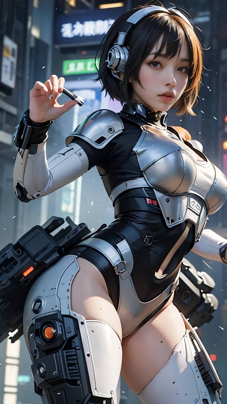 Alone、 (A very beautiful female android participating in a fighting tournament equipped with very intricate white and orange Cyberpunk mech armor。:1.5), ( a cyberpunk mecha suit with white and orange tiles 、 neon markers :1.5)、 black hair、 twin tails、Patsun、 big breasts at the temple、 彼女は Dynamic Posesで素晴らしいフットワークを見せびらかしているのを見つけられました、Flying in the air. This scene、 emphasizes her agility and smoothness of movement 、 Dynamic Poses、Sexy Dancer、Fluttering Hair、 dynamic composition