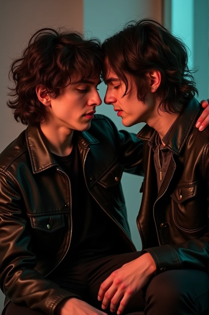 Young white man with black straight hair, wearing red dress shirt, black pants, shoes black, kissing an adult white man, gray hair with bangs, wearing black leather jacket, calça jeans preta destroyed, military boots, in a bar with neon lights and a neon cross nailed to the back wall, realisitic, realisitic 