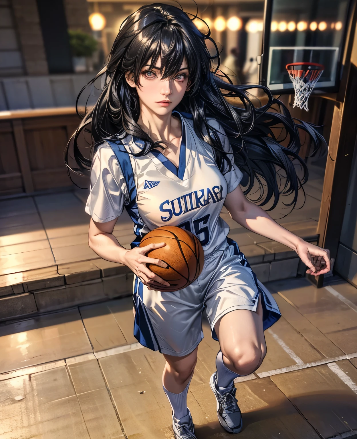 (8k, best quality, masterpiece:1.2), (realistic, photo-realistic:1.37), ultra-detailed,best quality, ultra high res, professional lighting, photon mapping, radiosity, physically-based rendering, cinematic lighting, basketball court,depth of field, sharp focus,sunbeam, good composition,(bokeh:1.2) 1girl,solo,(full body), (closed mouth),beautiful detailed eyes, pose, narrow waist,basketball uniform, black hair,messy hair,long hair floating in wind,(ulzzang-6500:1.2),  mix4, hiqcgbody