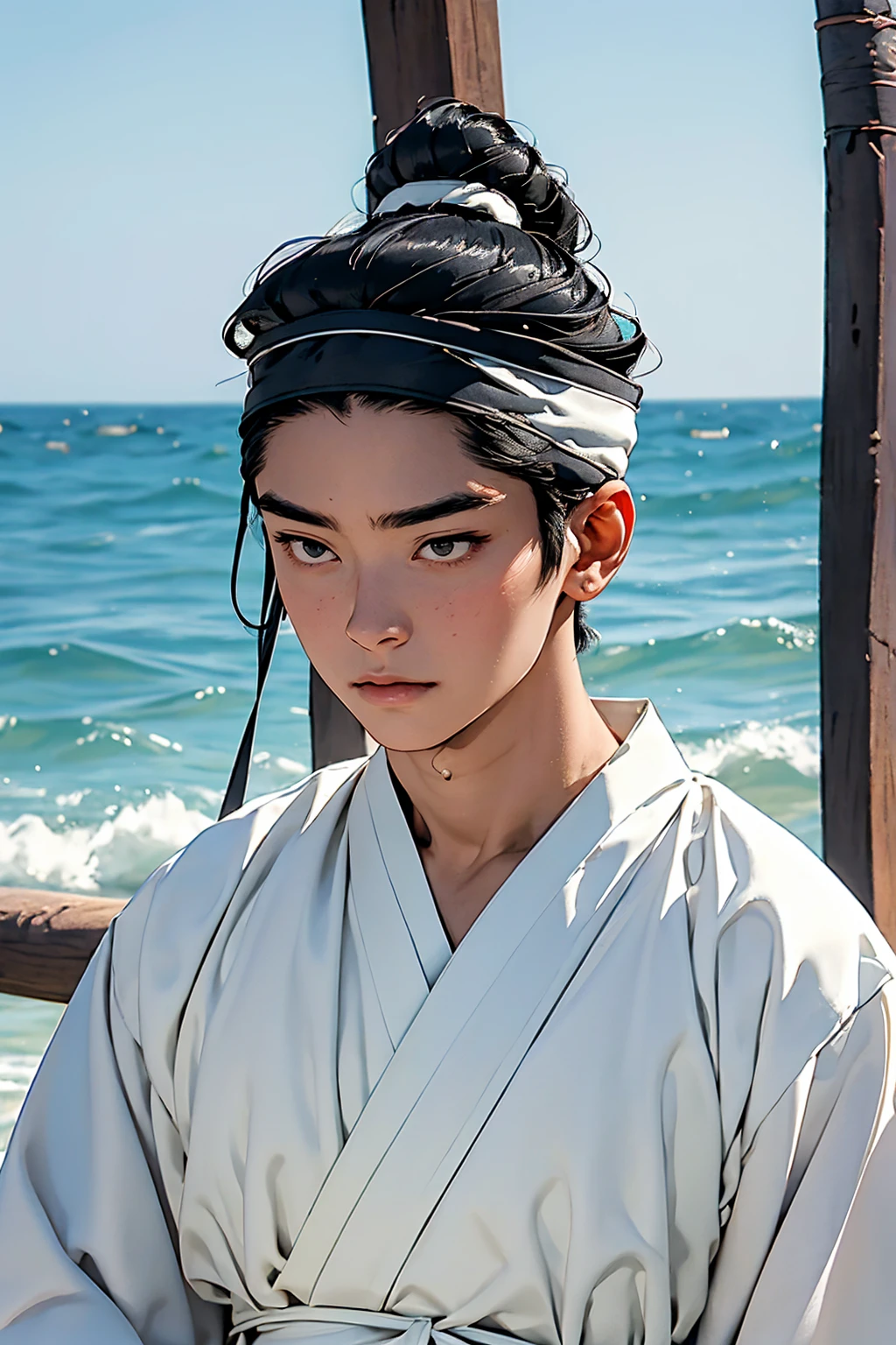 (absurdres, highres, masterpiece, best quality, ultra-realistic,ultra-detailed),(beautiful detailed face and eyes and hair:1.1),handsome,mature,asian man,tall and muscular,broad shoulders,black hair,black eyes,datailed face,topknot,see-through headband,white hanbok,sad,upper body, sea background