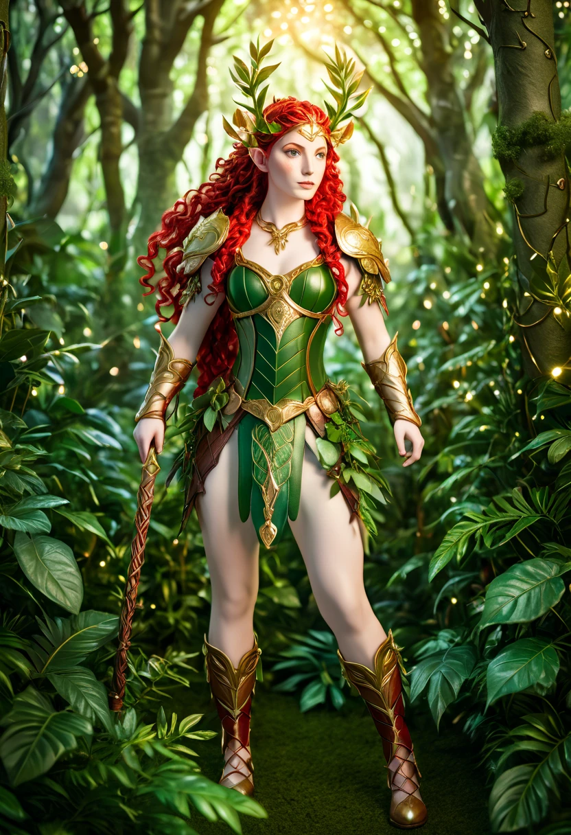 Create an image of a Guardian of the magical forest: A pale-skinned centaur with braided red hair, she wears light armor of gold and green leather with details that imitate leaves and branches. She stands in an enchanted forest, surrounded by fairy lights and dense vegetation. Her eyes glow with a greenish hue.