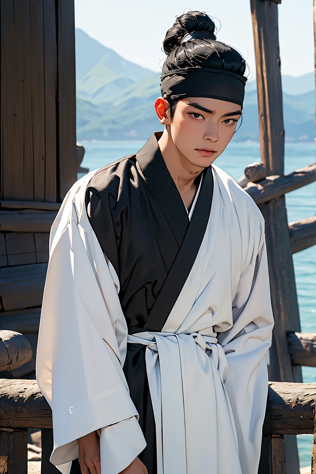 (absurdres, highres, masterpiece, best quality, ultra-realistic,ultra-detailed),(beautiful detailed face and eyes and hair:1.1),handsome,mature,asian man,tall and muscular,broad shoulders,black hair,black eyes,datailed face,topknot,see-through headband,white hanbok,sad,upper body, sea background