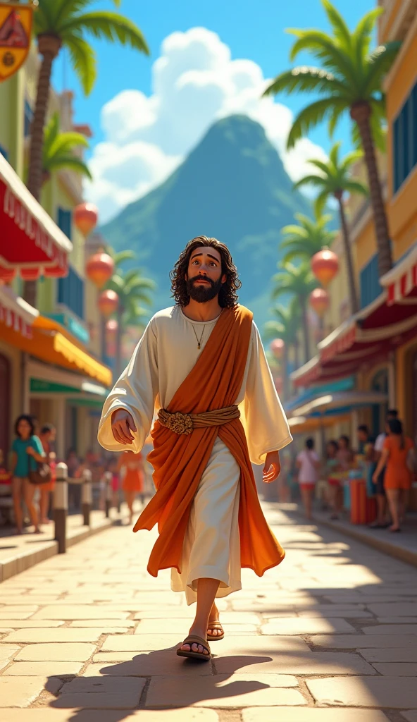 A beautiful image of Jesus smiling walking through the streets of a Brazilian city with many children playing in the streets